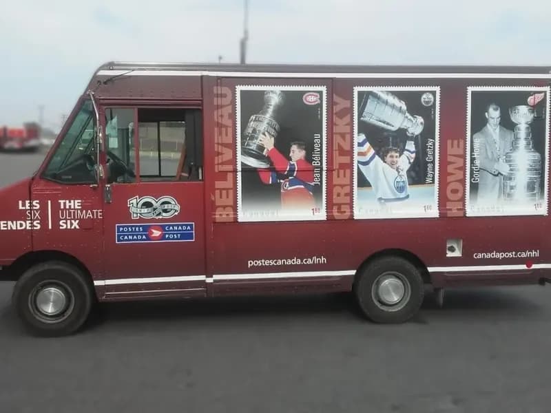 Canada Post truck wrapped with the “Ultimate Six” hockey stamp series