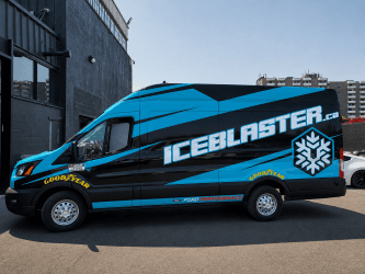 Ford Transit van wrapped in blue and black graphics for Iceblaster